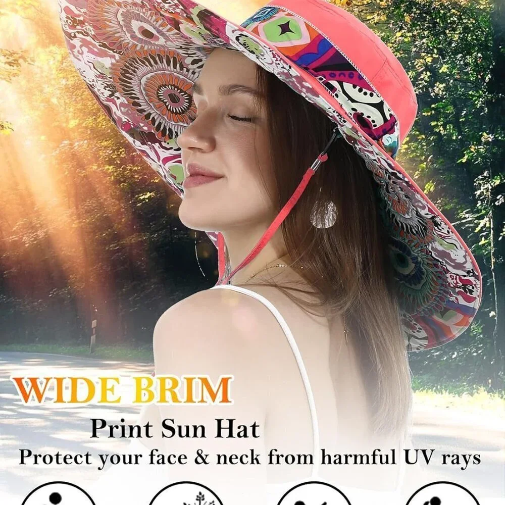 Women Floral Summer Sun Hat Ultra Wide Brim UV Protection Reversible Foldable